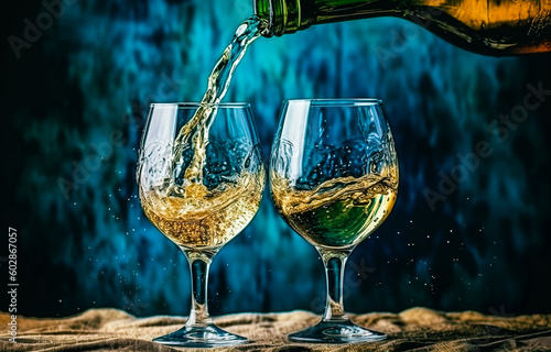 Two glasses of white wine on a colorful background. Generative AI