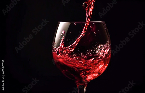 Red wine splashing out of a glass, on black background. Generative AI