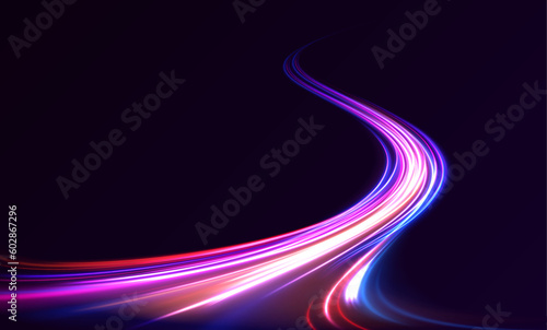 Light and stripes moving fast over dark background. Concept of leading in business, Hi tech products, warp speed wormhole science vector design.