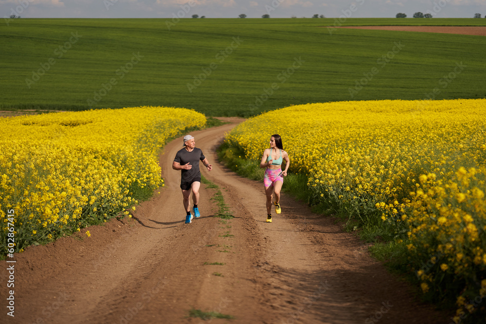 Obraz premium Endurance runners on a dirt track in a canola field, training