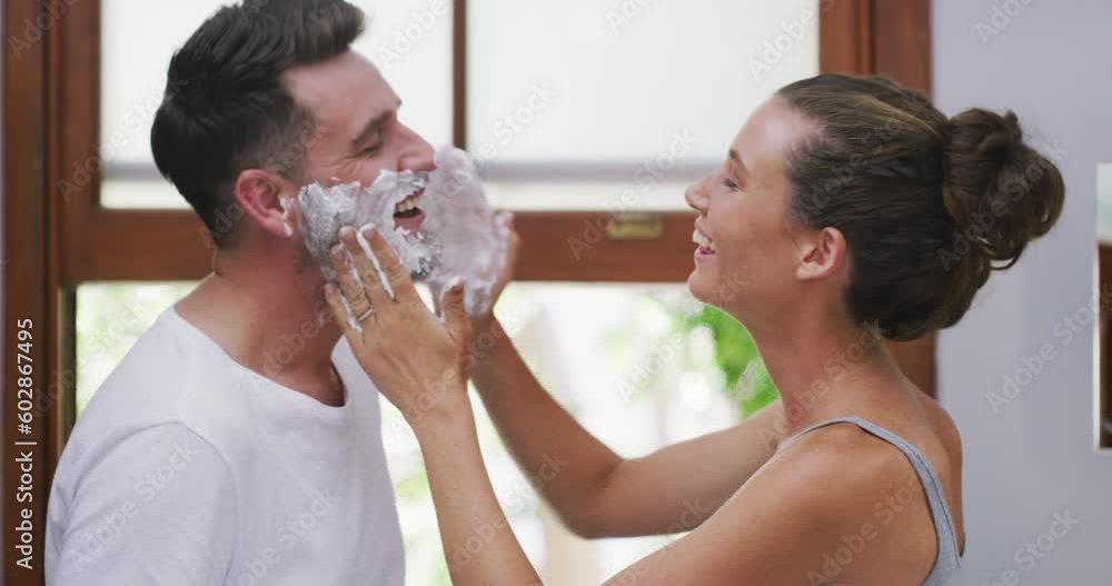 Morning, love and shave with couple in bathroom for skincare, help and cleaning. Shower, happy and self care with man and woman with shaving cream at home for hair removal, facial and beauty Morning, love and shave with couple in bathroom for skincare, help and cleaning. Shower, happy and self care with man and woman with shaving cream at home for hair removal, facial and beauty