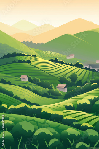 Generative AI. Terraced plantation poster Chinese rice fields. Tea plantations. Brochure, booklet one page conceptual design with illustration. Agricultural slopes flyer vector illustration.