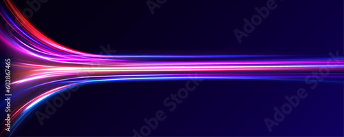 Vector dark blue abstract background with ultraviolet neon glow, blurry light lines, waves. High speed effect motion blur night lights blue and red. Magic shining neon light line trails.