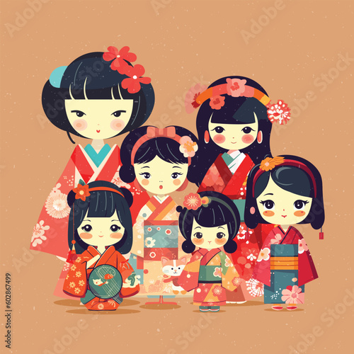 Illustration of Kokeshi Doll. Cute drawing Girls in Kimono. Hinamatsuri, Dolls Day or Girls day. Editable Vector Illustration. 