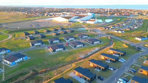 Overview of luxury modern glamping cabins outside of amusement park in Denmark  photo