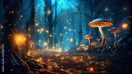 Fantasy landscape with magic mushrooms in the forest.
