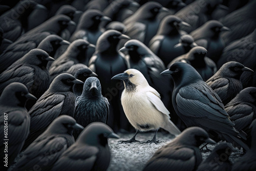 One white crow surrounded by many black crows. Generative AI © mihrzn