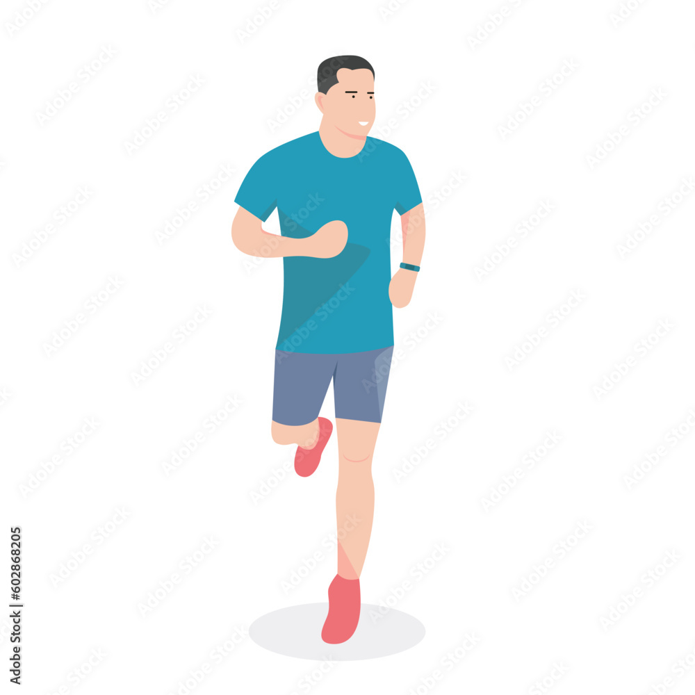 A man jogging. A man wearing a t-shirt, sneakers, and a smartwatch. A man jogging. A man wearing a t-shirt, sneakers, and a smartwatch.