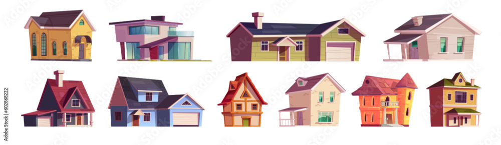 Vector house town building icon illustration set. Village cottage cartoon facade construction with window, terrace and garage. Variety little brick villa architecture isolated on white background Vector house town building icon illustration set. Village cottage cartoon facade construction with window, terrace and garage. Variety little brick villa architecture isolated on white background