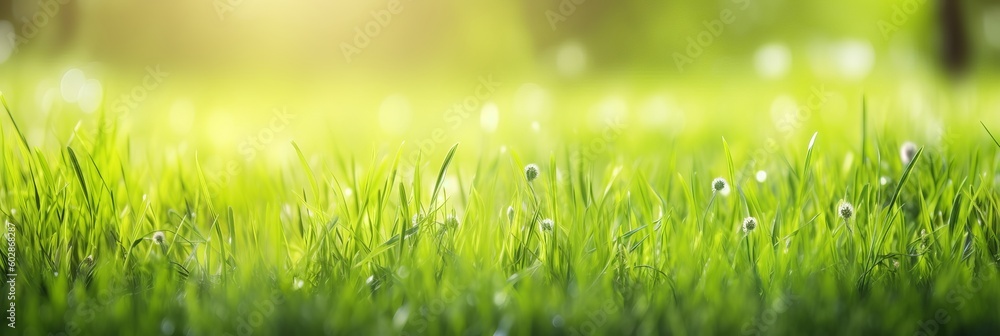 A fresh spring sunny garden background of green grass and blurred foliage bokeh, grass with dew, green grass background, green grass in the morning, Generative AI