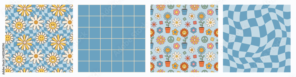 Retro psychedelic set 60s 70s vector seamless patterns, groovy hippie style background. Cartoon print with flowers and mushrooms, set in hippie style. Psychedelic chess board Retro psychedelic set 60s 70s vector seamless patterns, groovy hippie style background. Cartoon print with flowers and mushrooms, set in hippie style. Psychedelic chess board