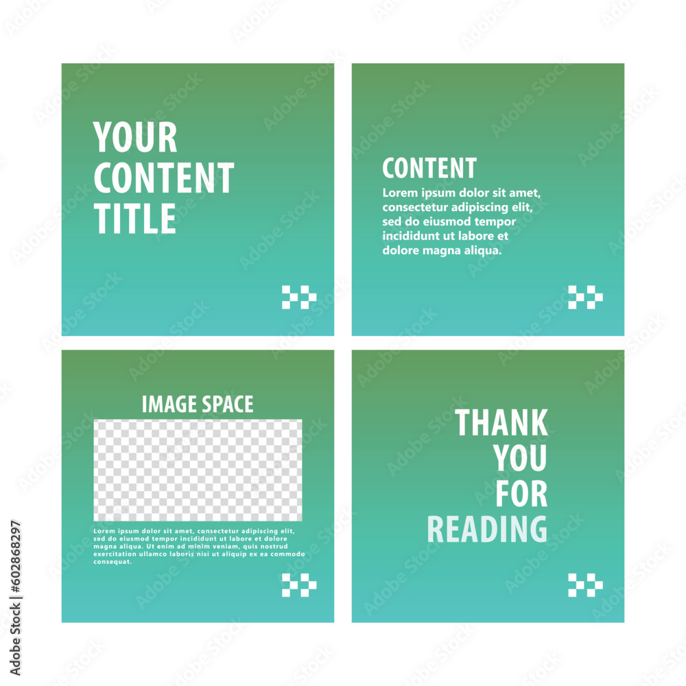 Blue and green gradient colored carousel post template for social media. Microblog style. Four page gradient colored social media post design.