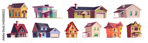 Vector house town building icon illustration set. Village cottage cartoon facade construction with window, terrace and garage. Variety little brick villa architecture isolated on white background