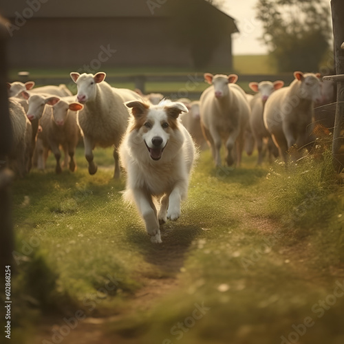 Sheep in the countryside. Shetland Sheepdog in the field