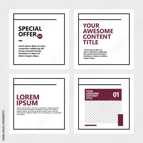 White carousel social media template with borders and using dark purple colored accent. Four pages microblog style post.