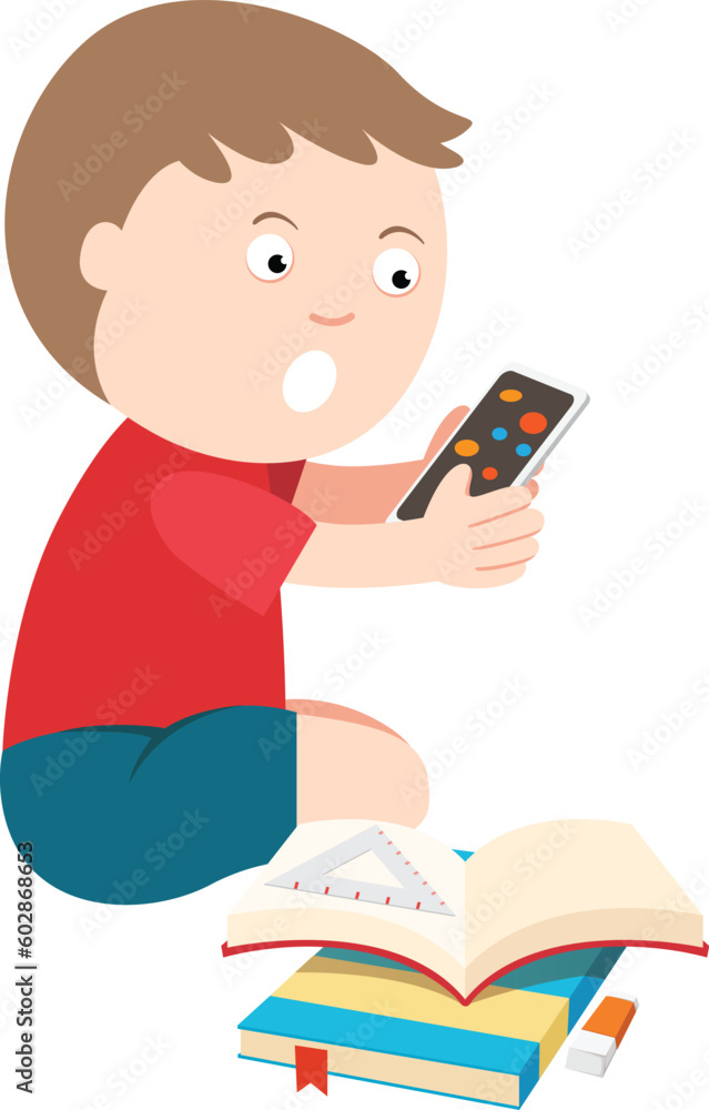 little boy get addicted to use smartphone illustration vector little boy get addicted to use smartphone illustration vector