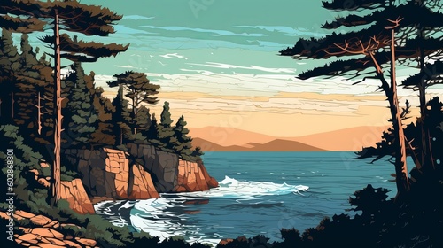 Vector-Style Image Of Cliff Beach Pine Trees Turkis Ocean generative ai