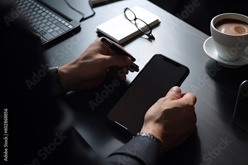 Businessman using mobile phone with blank screen sitting at office desk. photo