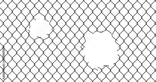 Broken wire mesh fence. Rabitz or chain link fence with cut hole. Torn wire pirson mesh texture. Cut metal lattice grid. Vector illustration isolated on white background.