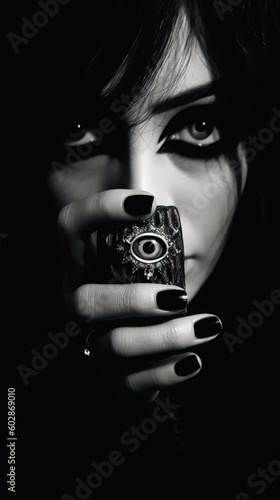 Portrait of a beautiful young woman with black manicure holding a zippo with a design eye photo