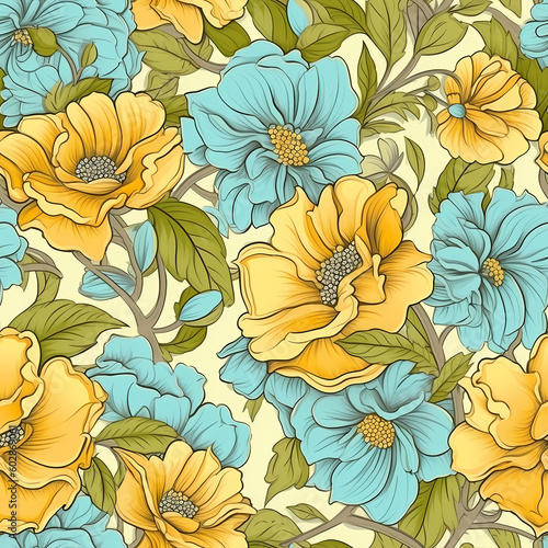 Seamless Retro Floral Pattern with yellow and blue flowers. Beautiful and versatile design for wallpaper, textiles, home decor, crafting, and more.