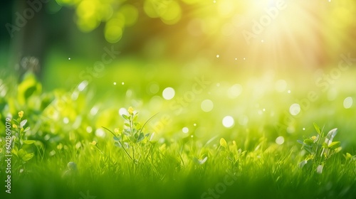 A fresh spring sunny garden background of green grass and blurred foliage bokeh, grass with dew, green grass background, green grass in the morning, green grass with dew drops, Generative AI
