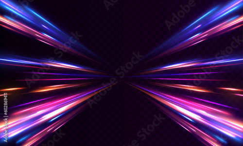 Cyberpunk light trails in motion or light slow shutter effect. Acceleration speed motion on night road. Bright sparkling background. Panoramic high speed technology concept, light abstract background.