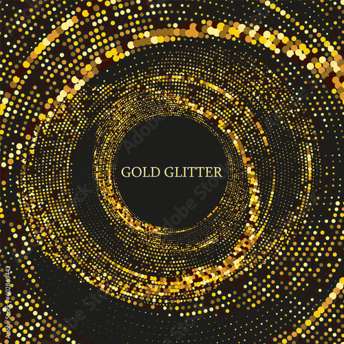 Golden halftone dots on black background, design element