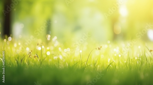 A fresh spring sunny garden background of green grass and blurred foliage bokeh, grass with dew, grass background, Generative AI