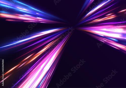 Cyberpunk light trails in motion or light slow shutter effect. Acceleration speed motion on night road. Bright sparkling background. Panoramic high speed technology concept, light abstract background.