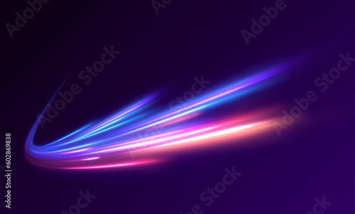 Vector speed of light in space on dark background. Abstract background in blue, yellow and orange neon colors.