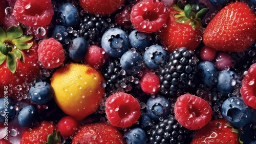 Tasty ripe berries and citruses with water drops as background, closeup. Fresh berries falling in clear water. AI image. 