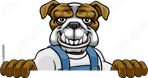 A bulldog cartoon animal mascot gardener, carpenter, handyman, decorator or builder construction worker peeking around a sign
