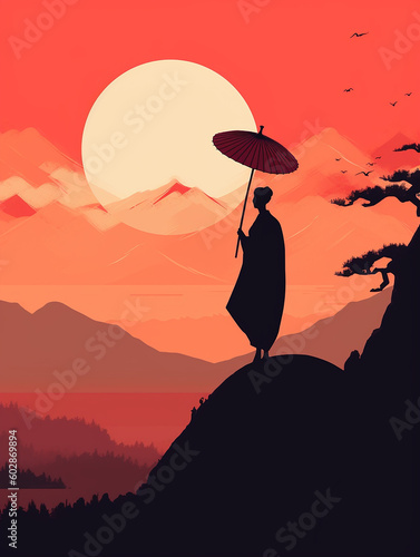 Japanese woman with umbrella in the mountains at sunset. Vector illustration. AI generated