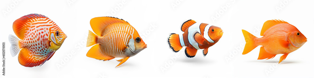 Animals popular fish pets aquarium salt water ocean sea fish banner panorama - Collection of different fishes, isolated on white background, Generative AI - obrazy, fototapety, plakaty 