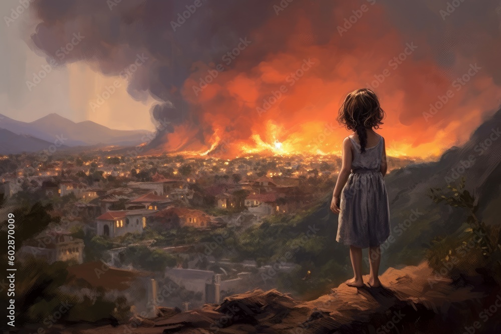 Ancient greek volcano eruption child girl. Generate Ai