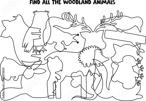 Find all the woodland animals. Find all silhouettes. Logical puzzle for kids.