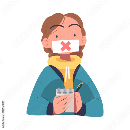 Prohibition of Independent Media with Woman Having Closed Mouth Writing in Notepad Vector Illustration