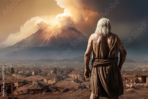 Ancient greek volcano eruption old man. Generate Ai