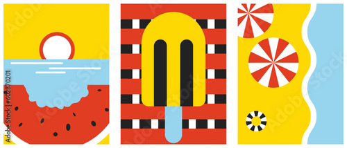 Set of three summer aesthetic posters for social media, packaging design, web. Minimalist bright illustrations with watermelon, sun, sea, ice cream.