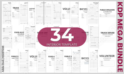  Mega bundle 34 interiors, Food Allergy Journal KDP Interior, Truck Driver Mileage Logbook, Volunteer Logbook, Public Speakers Logbook, Bicycle Logbook 