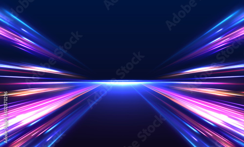 Vector speed of light in space on dark background. Abstract background in blue, yellow and orange neon colors.