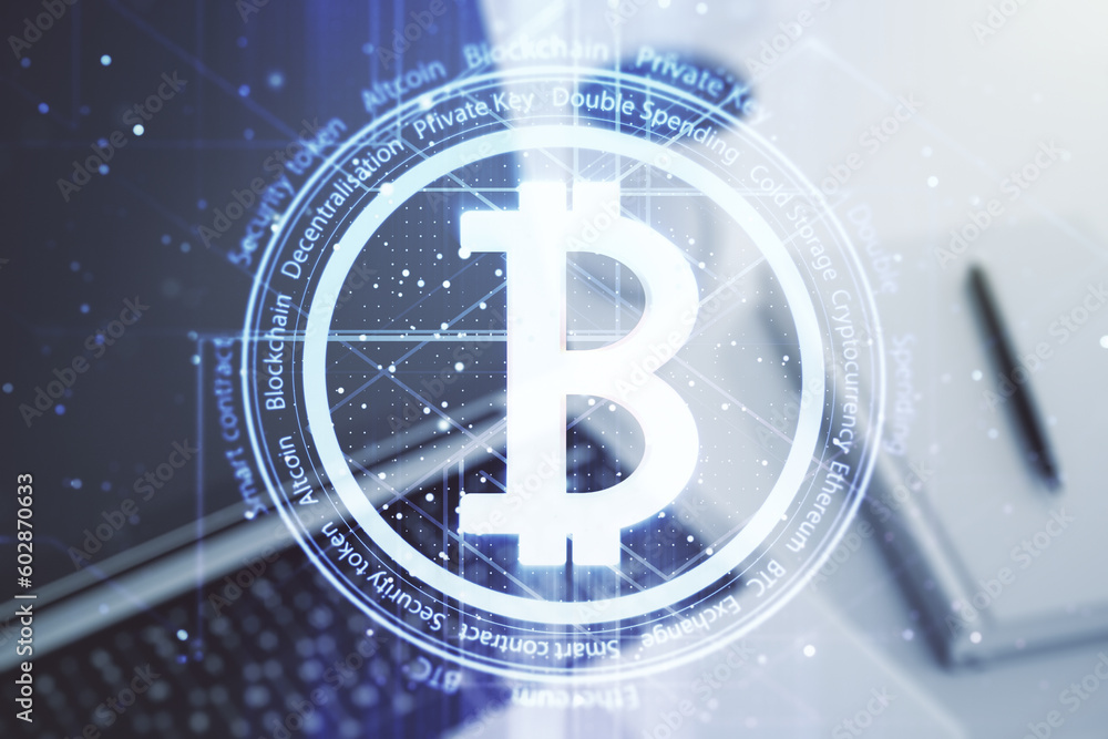 Creative Bitcoin concept with modern computer background. Double exposure Creative Bitcoin concept with modern computer background. Double exposure