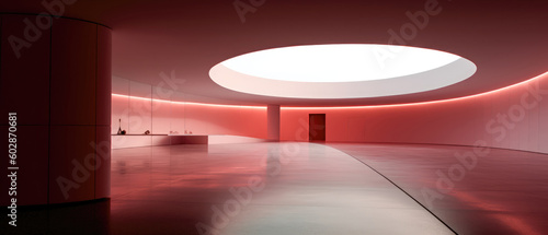 Modern empty room with red lights on the wall and open ceiling