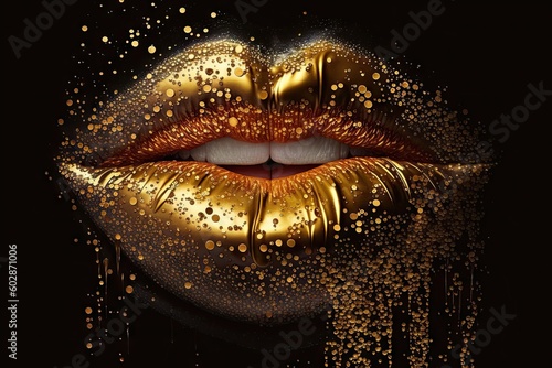 Closeup gilded painting by glossy on woman in sexy lips Fototapet