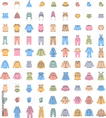 Baby cloth outline colorful icons. Simple linear pictograms with color fill for kids clothing shop. Children wardrobe garments. Outfit for toddler, little boy, girl. Shirt, pants, jacket, dress, coat