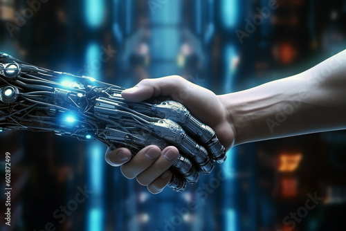 handshake betwin human and cyborg, AI generated