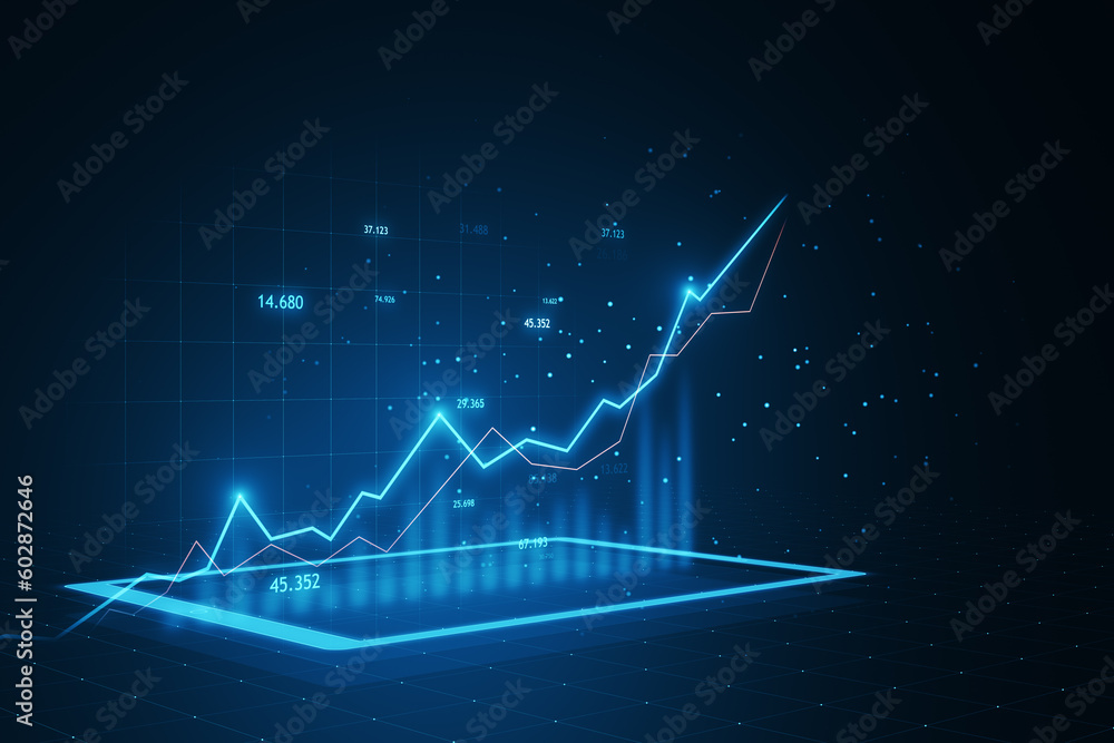 Make informed investment decisions with our advanced trading and investing software.3D rendering of digital glowing stock market graphs and financial diagrams on dark blue technological background - obrazy, fototapety, plakaty 