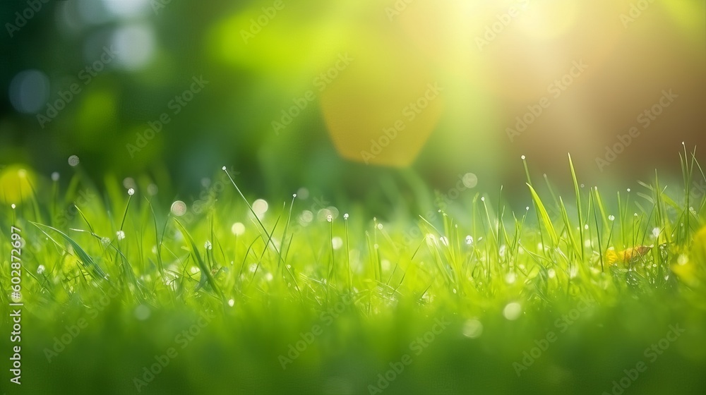 A fresh spring sunny garden background of green grass and blurred foliage bokeh, grass with dew, grass background, Generative AI A fresh spring sunny garden background of green grass and blurred foliage bokeh, grass with dew, grass background, Generative AI