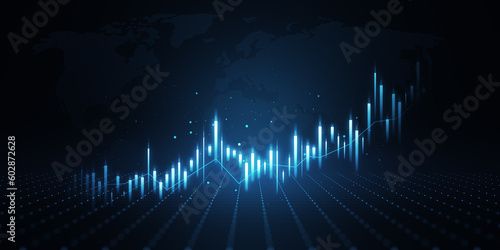 Canvas Print Economy and forex market growth concept with digital blue rising up financial chart diagram and graphs on abstract dark background with world map